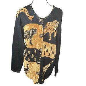 2000s Victoria Harbour Black Safari Animal Print Button Up Cardigan Sweater Med